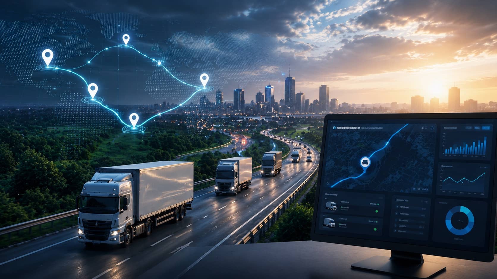 Connected truck fleet on a highway at dusk with live GPS tracking pins and a telematics dashboard